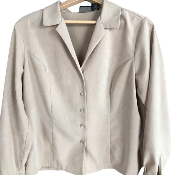 Laura Scott Petite Vintage Button-Down Blouse: Textured Taupe Shirt, Women's 14P - Picture 1 of 14
